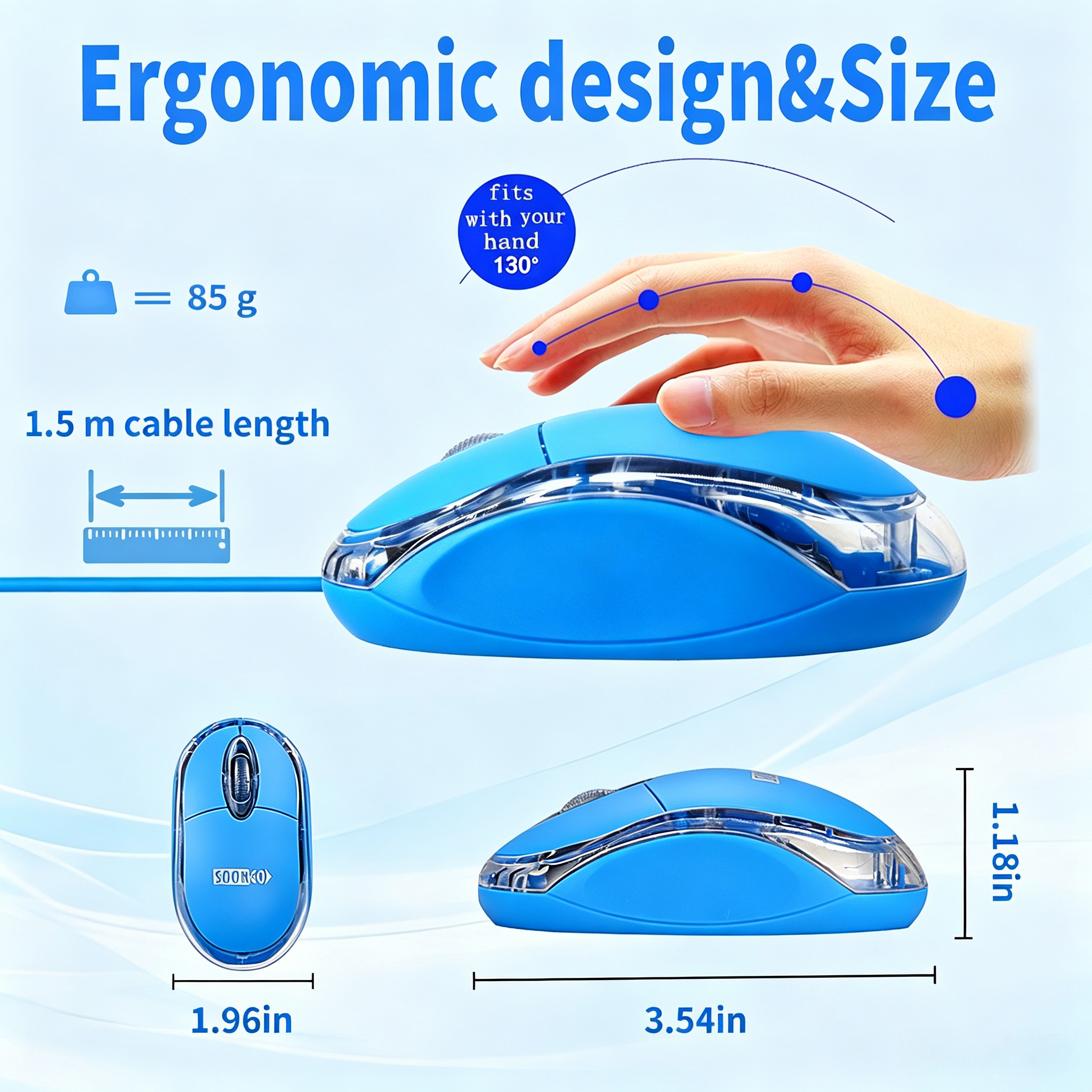 SOONGO Kids Mouse for Laptop USB Ergonomic Optical Mouse Blue Color 1.5M Cable - Image 3