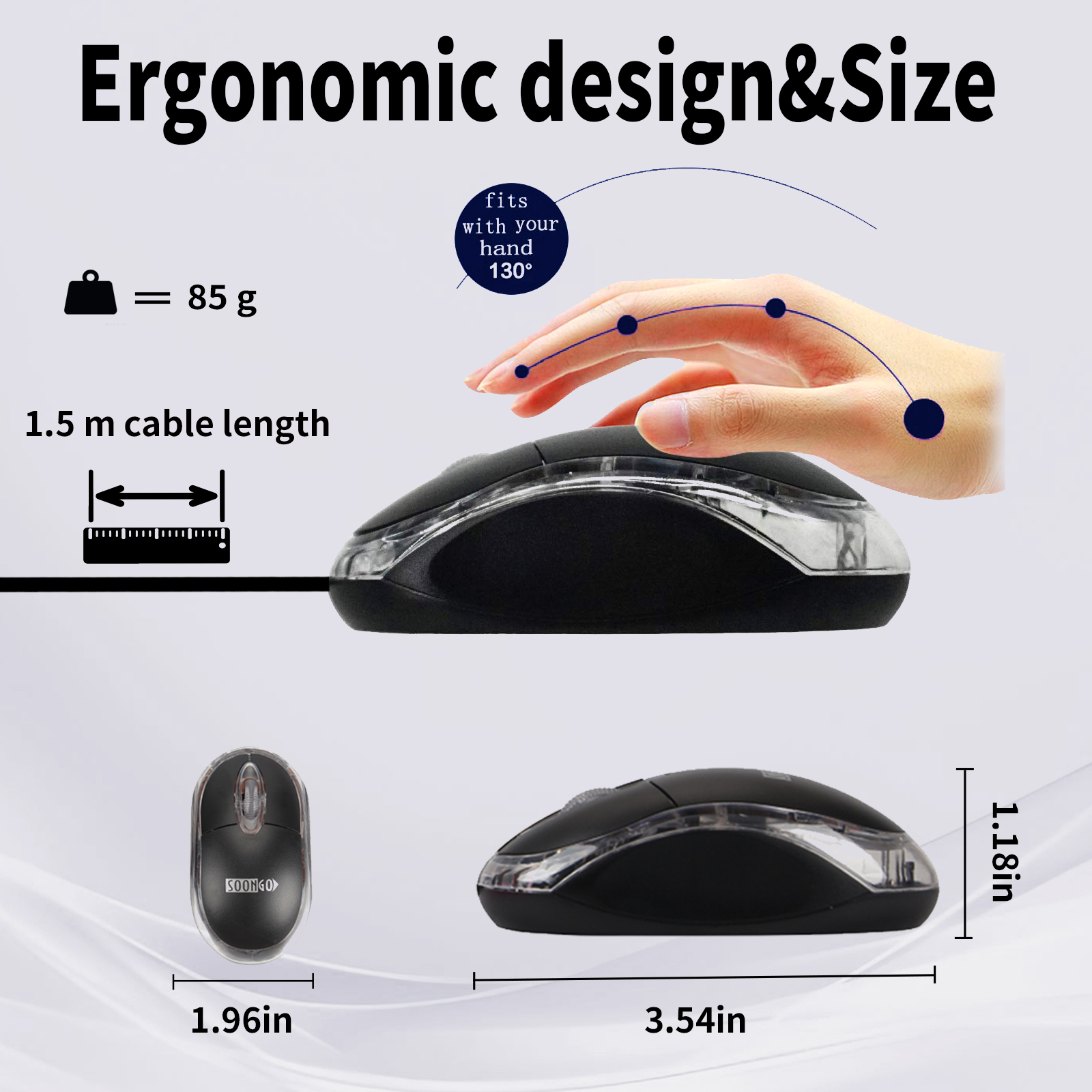 SOON GO Wired Mouse-USB Wired Mouse,Ergonomic Optical Design,1.5M USB Cable, Plug & Play for PC/Laptop/Desktop (Black) Brand: SOON GO - Image 3