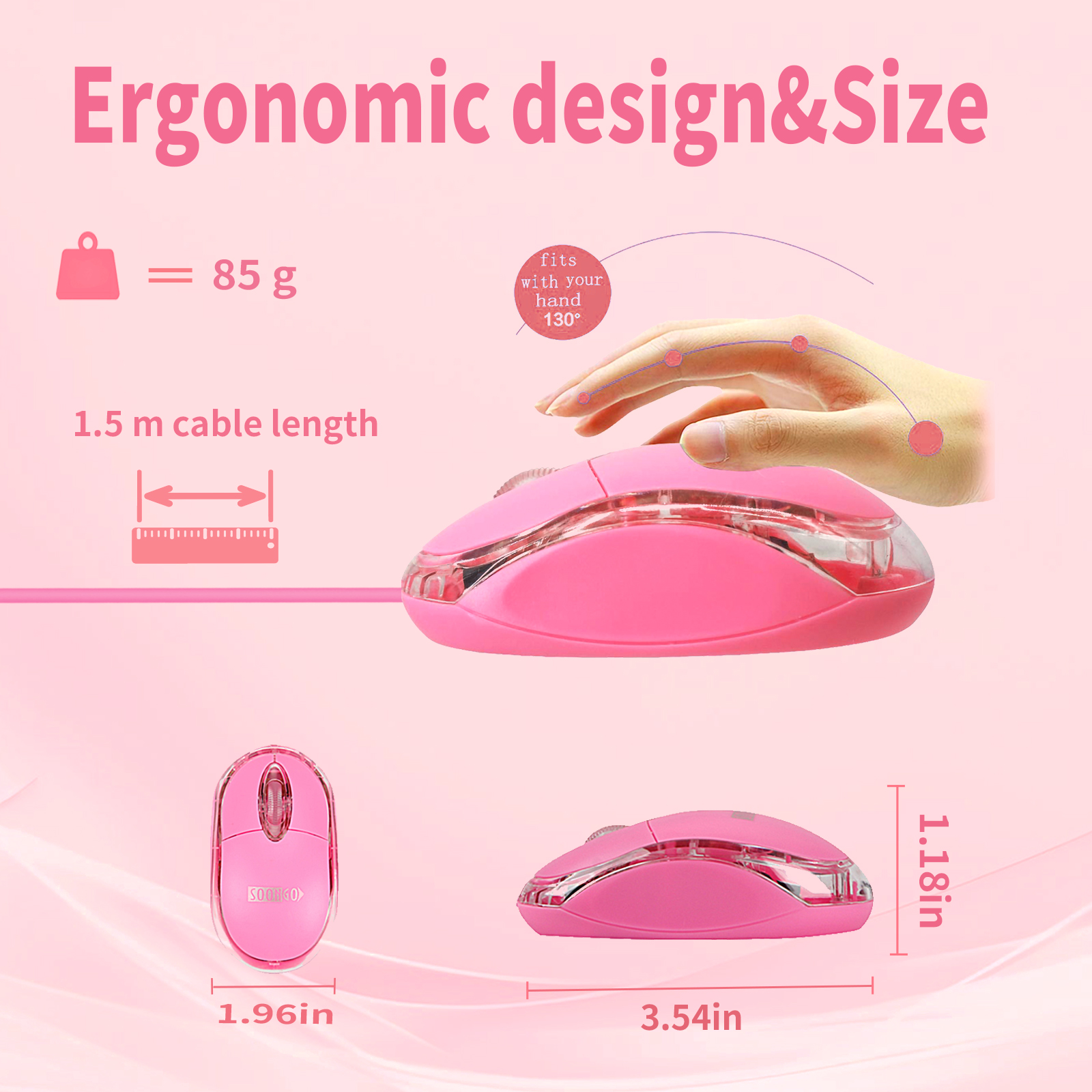 SOON GO Pink Mouse,Computer Mouse,with 1.5m Pink USB Cable - Compatible with Windows, Linux, Mac, Laptop, PC & Desktop - Ideal for Office, Home, Business, School, Kids & Women - Image 4