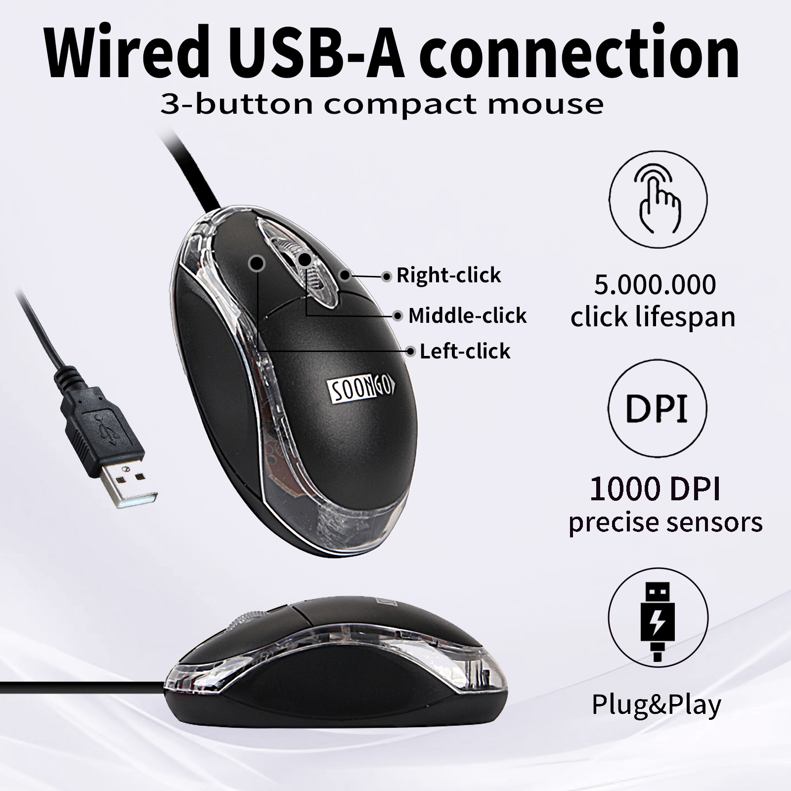 SOON GO Wired Mouse-USB Wired Mouse,Ergonomic Optical Design,1.5M USB Cable, Plug & Play for PC/Laptop/Desktop (Black) Brand: SOON GO - Image 2