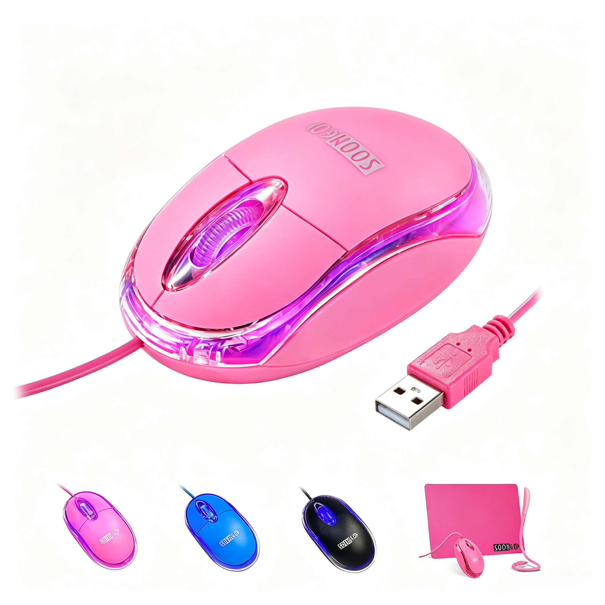 SOON GO Pink Mouse,Computer Mouse,with 1.5m Pink USB Cable - Compatible with Windows, Linux, Mac, Laptop, PC & Desktop - Ideal for Office, Home, Business, School, Kids & Women