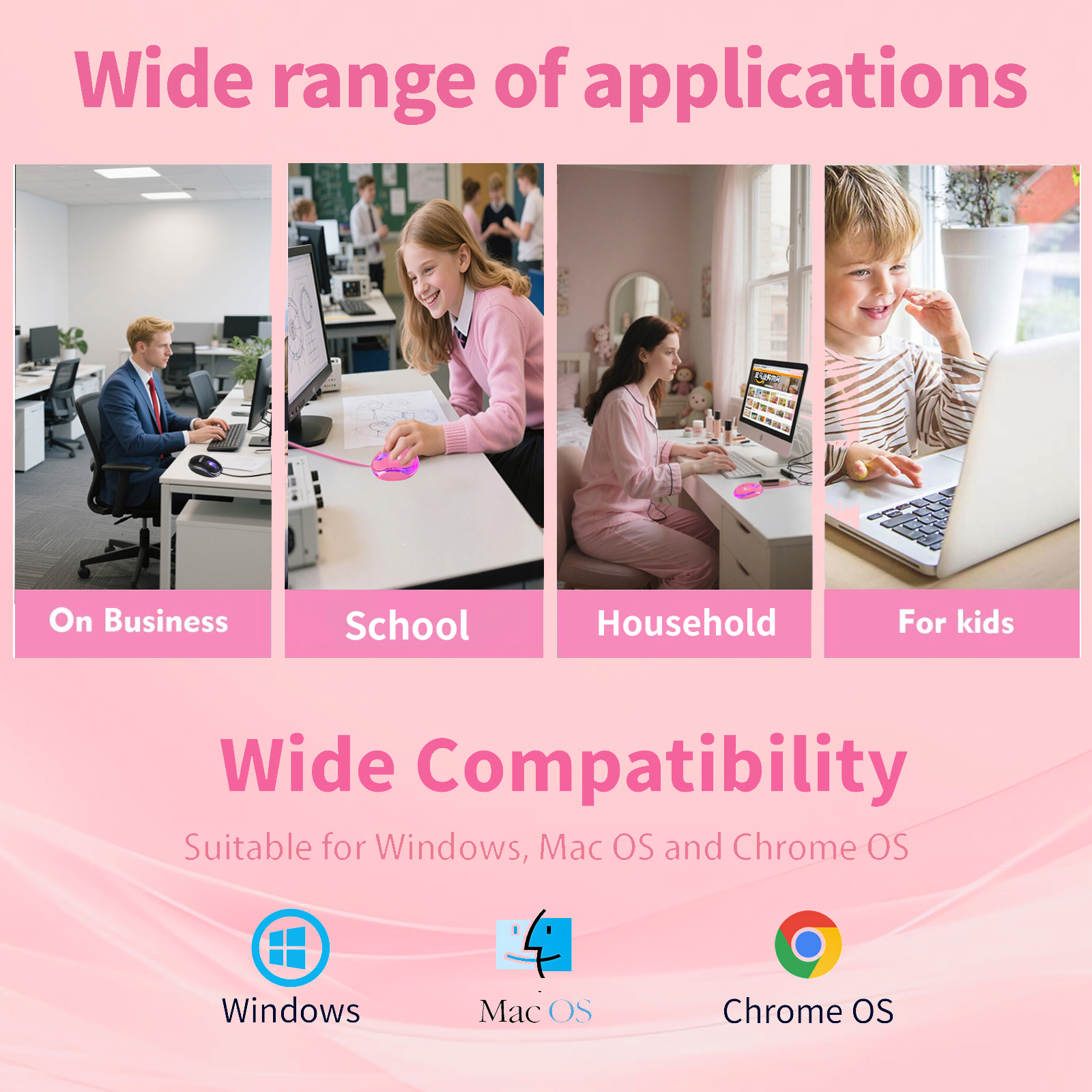 SOON GO Pink Mouse,Computer Mouse,with 1.5m Pink USB Cable - Compatible with Windows, Linux, Mac, Laptop, PC & Desktop - Ideal for Office, Home, Business, School, Kids & Women - Image 6