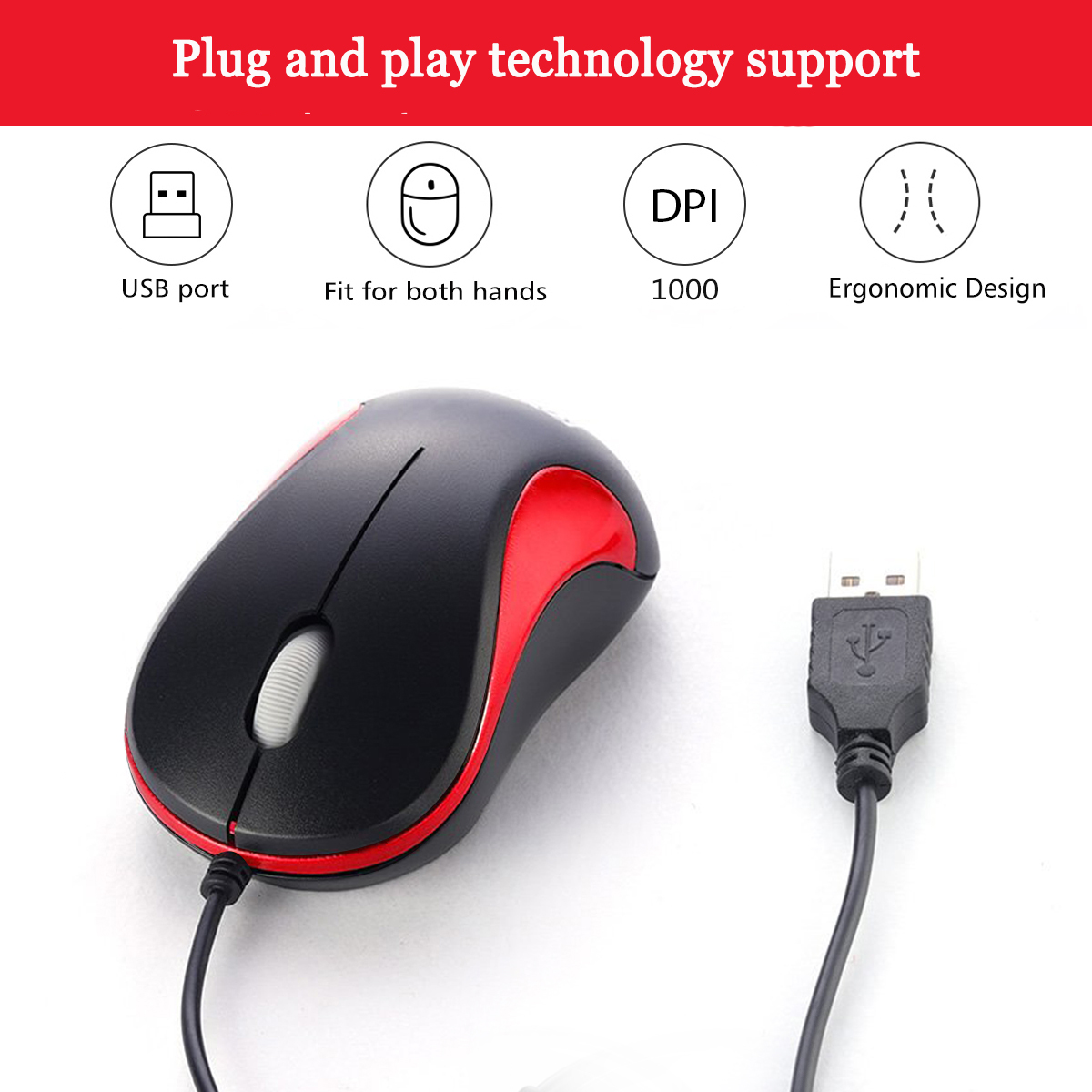 SOON GO Wired Mouse,Mini Optical Computer Mouse with Ergonomic Design for Laptop, Chromebook, PC, Desktop, Mac, Notebook-Red - Image 2