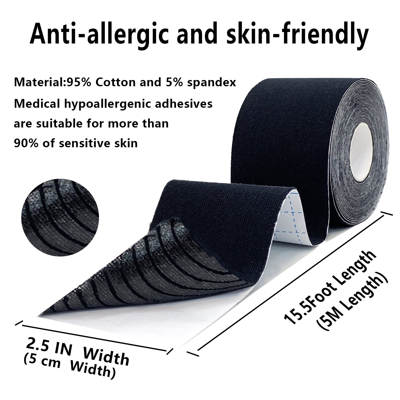 SOON GO Kinesiology Tape 1/2/5 Rolls, 2 Inch High Elasticity Sports Tape Therapeutic Pain Relief–Physio Tape for Muscle Recovery & Joint Support, Waterproof & Hypoallergenic & Breathable–Black - Image 2