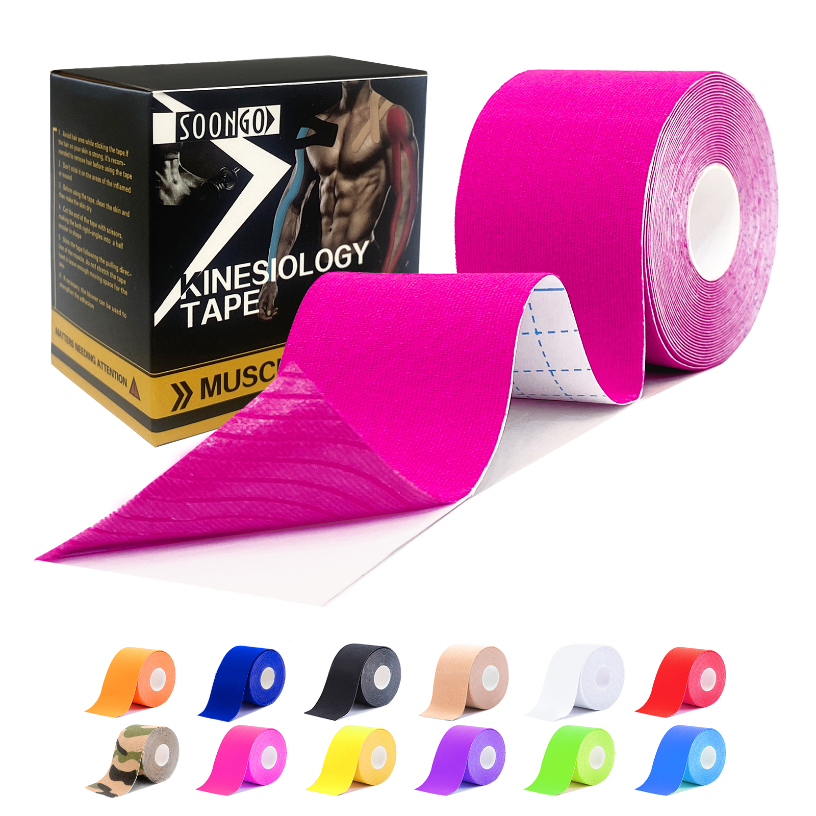 SOON GO Kinesiology Tape, 2 ih x 16.4 ft Uncut Athletic Tape, Waterproof Breathable Latex-Free, Muscle Recovery & Joint Support, Pink (1/2/5 Rolls) | Uncut Athletic Tape, Waterproof, Breathable, Latex-Free, Muscle Recovery & Joint Support