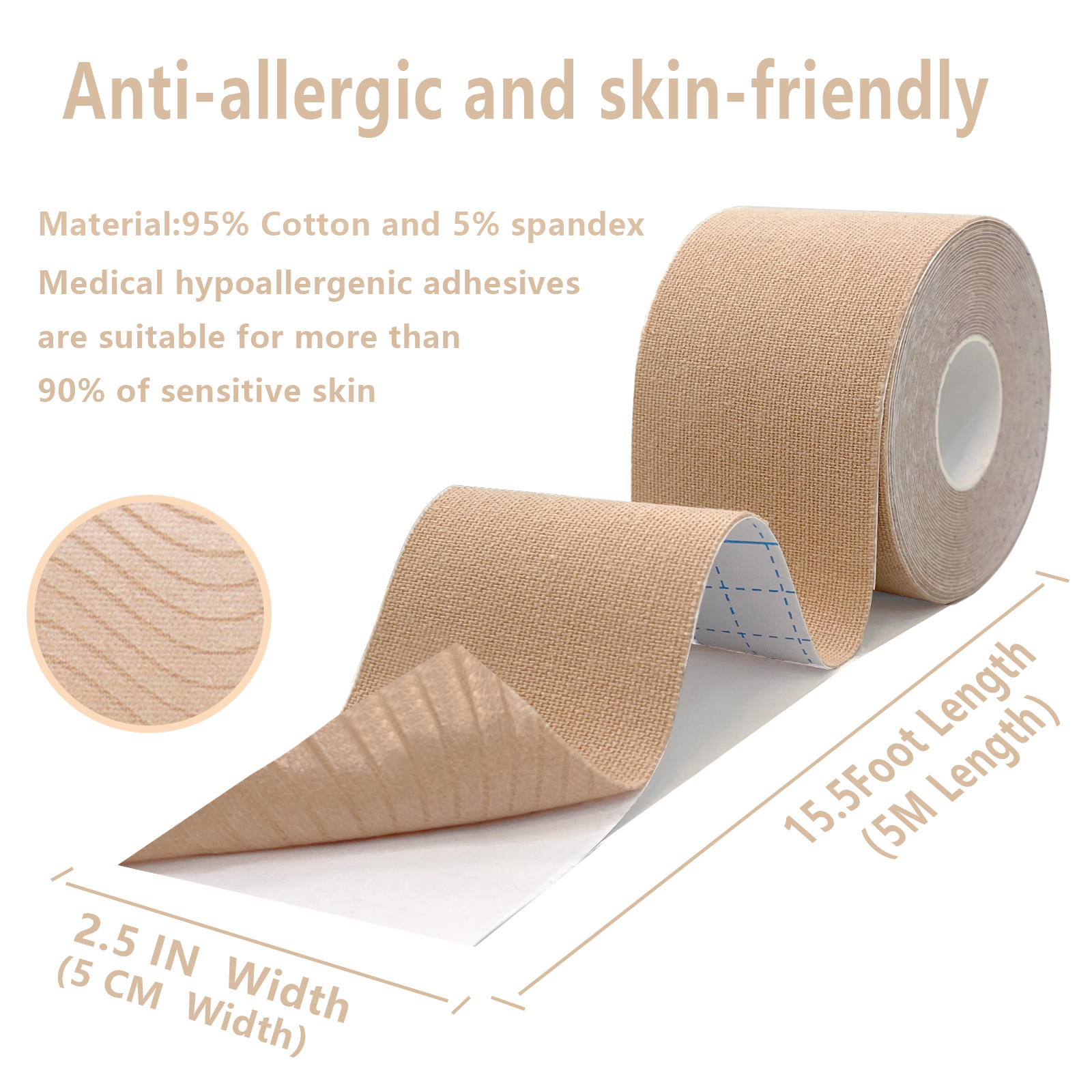 SOON GO Kinesiology Tape, 2 ih x 16.4 ft Uncut athletic tape, Waterproof Breathable Latex-Free, Muscle Recovery & Joint Support, Beige (1/2/5 Rolls) - Image 2