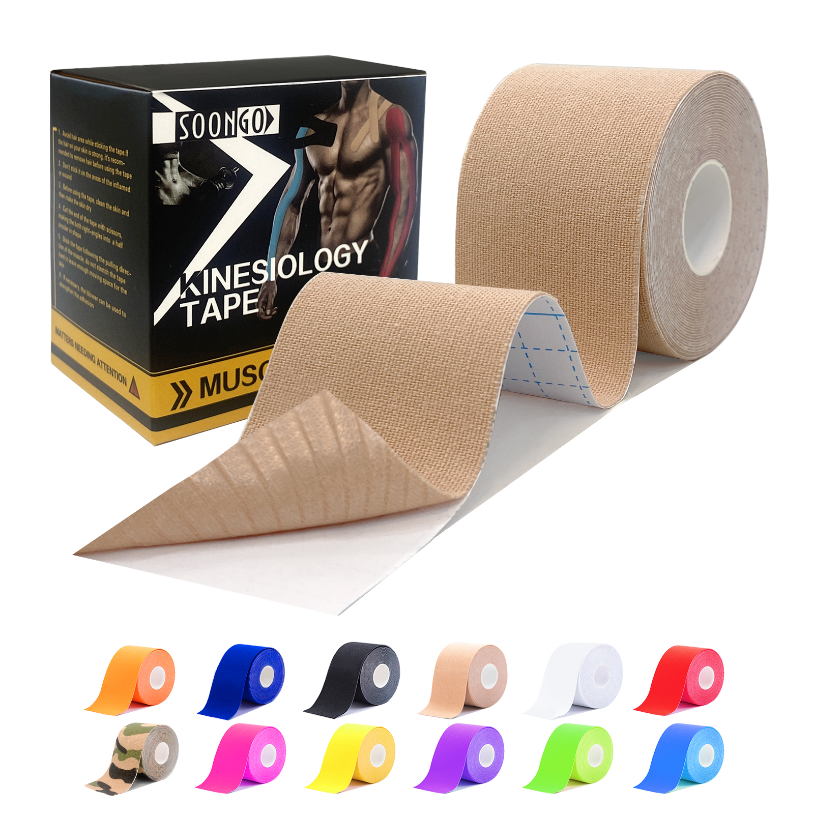 SOON GO Kinesiology Tape, 2 ih x 16.4 ft Uncut athletic tape, Waterproof Breathable Latex-Free, Muscle Recovery & Joint Support, Beige (1/2/5 Rolls)