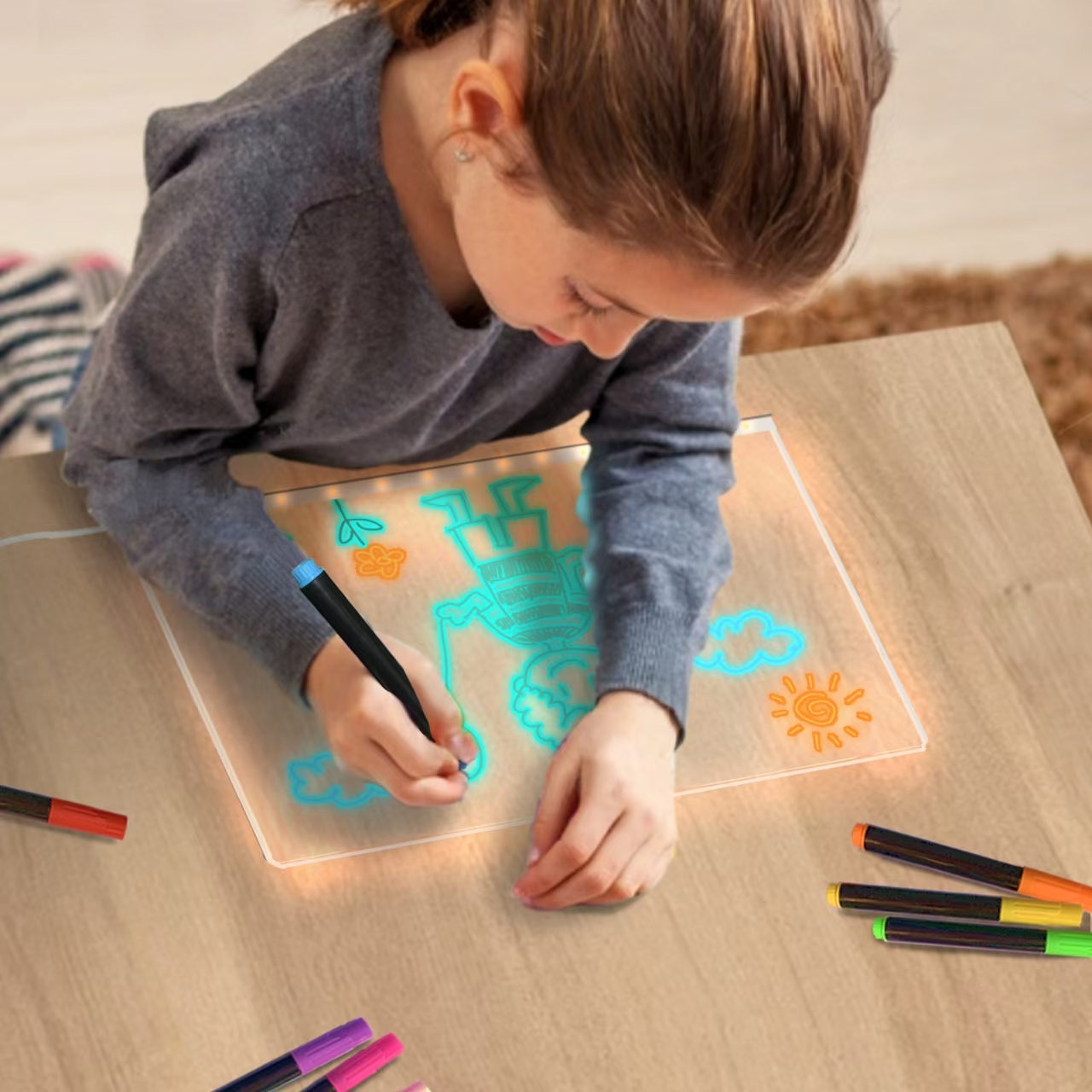SOON GO LED Note Board, Acrylic Dry Erase Board with Light, 7.9"x7.9" Rewritable Glowing Graffiti Message Board w/ 8 Color Markers, Fit for Home/Shop/Office/Festivals - Image 4